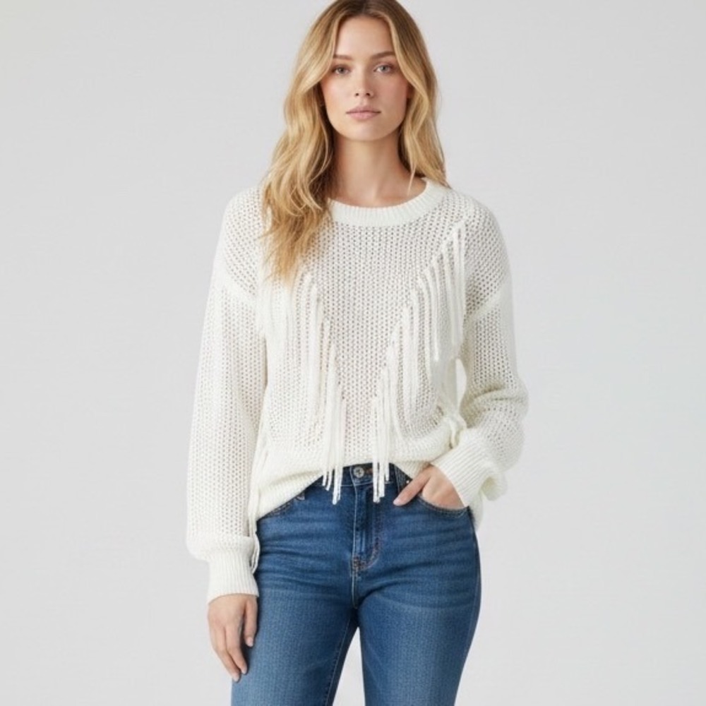 Sandro | Knit Fringe Sweater Size 1 Small White Open Mesh Long Sleeve S0866E-11